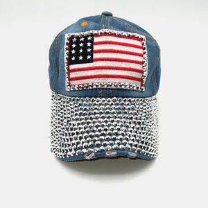 EUC Women's Lucky 7 American Flag Distressed Denim Rhinestone USA Adjustable Cap
